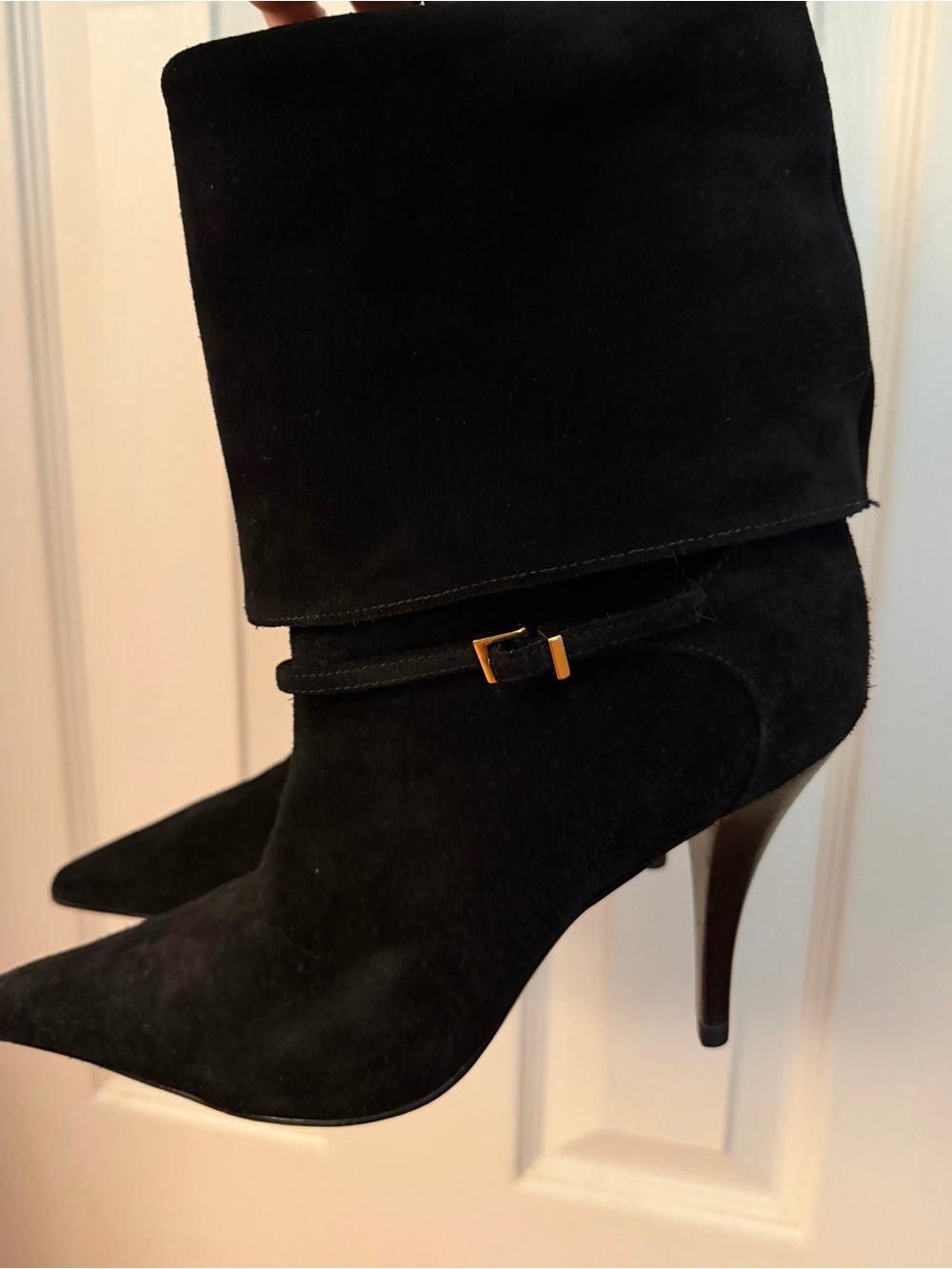 SCHUTZ Black Suede Pointed-Toe Stiletto Fold-Over Boot